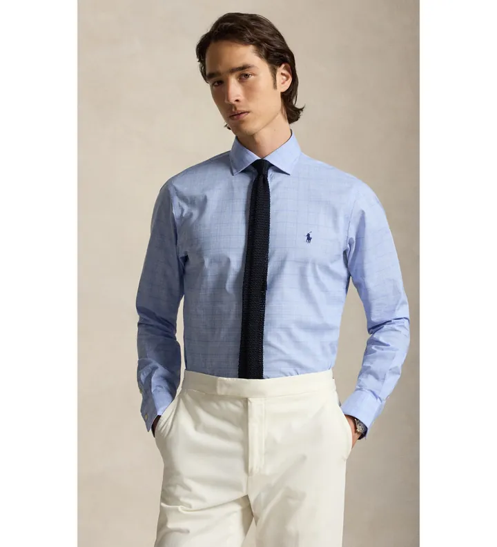 Polo Ralph Lauren para hombre. 712B22541002 Camisa de popelina con cuadros Glen azul (38), Casual, Algodón, Clásico, Manga larga
