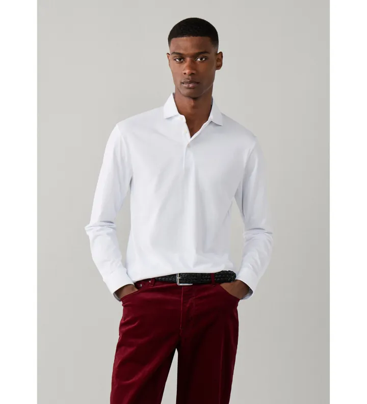 Hackett London para hombre. HM5500049 Polo de manga larga Pima blanco (L), Casual, Algodón, Clásico