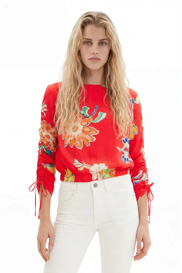 Desigual, Blusa corta fruncido flores, Viscosa, Rojo, L