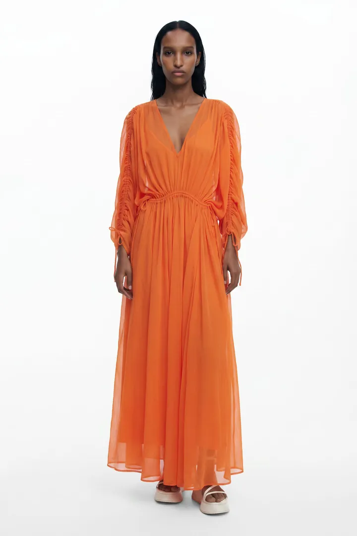 Desigual, Vestido largo vaporoso, Poliester, Naranja, L