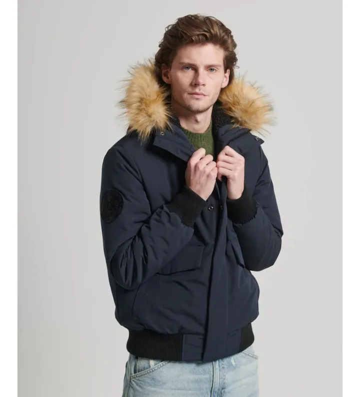 Superdry para hombre. M5011742A Cazadora bómber acolchada con capucha Everest marino (L), Casual, Poliéster