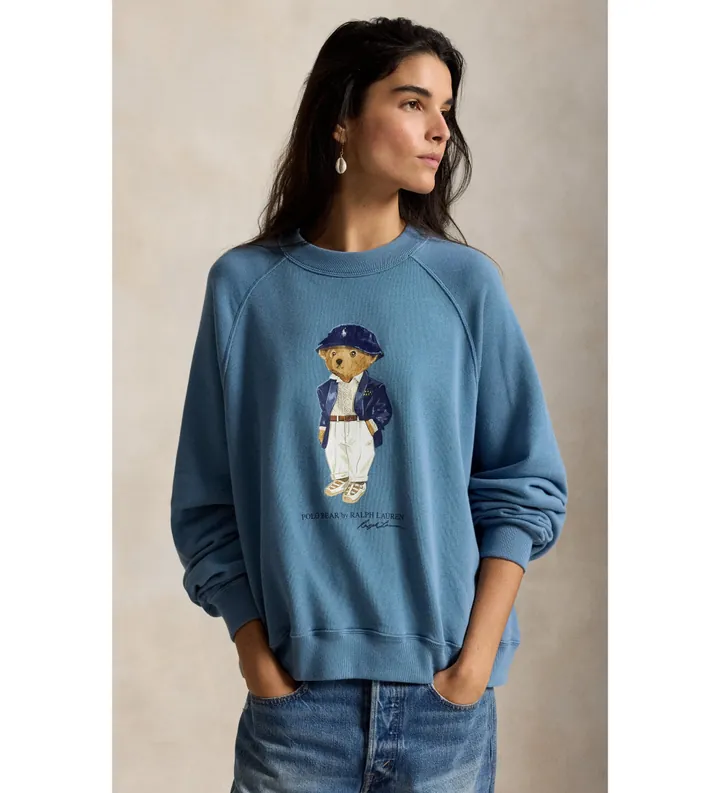 Polo Ralph Lauren para mujer. 211B17778001 Sudadera de felpa ligera con Polo Bear azul (L), Casual, Algodón, Manga larga