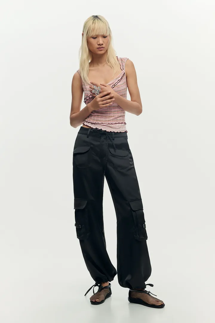 Desigual, Pantalón cargo satinado, Mujer, Poliester, Negro, L