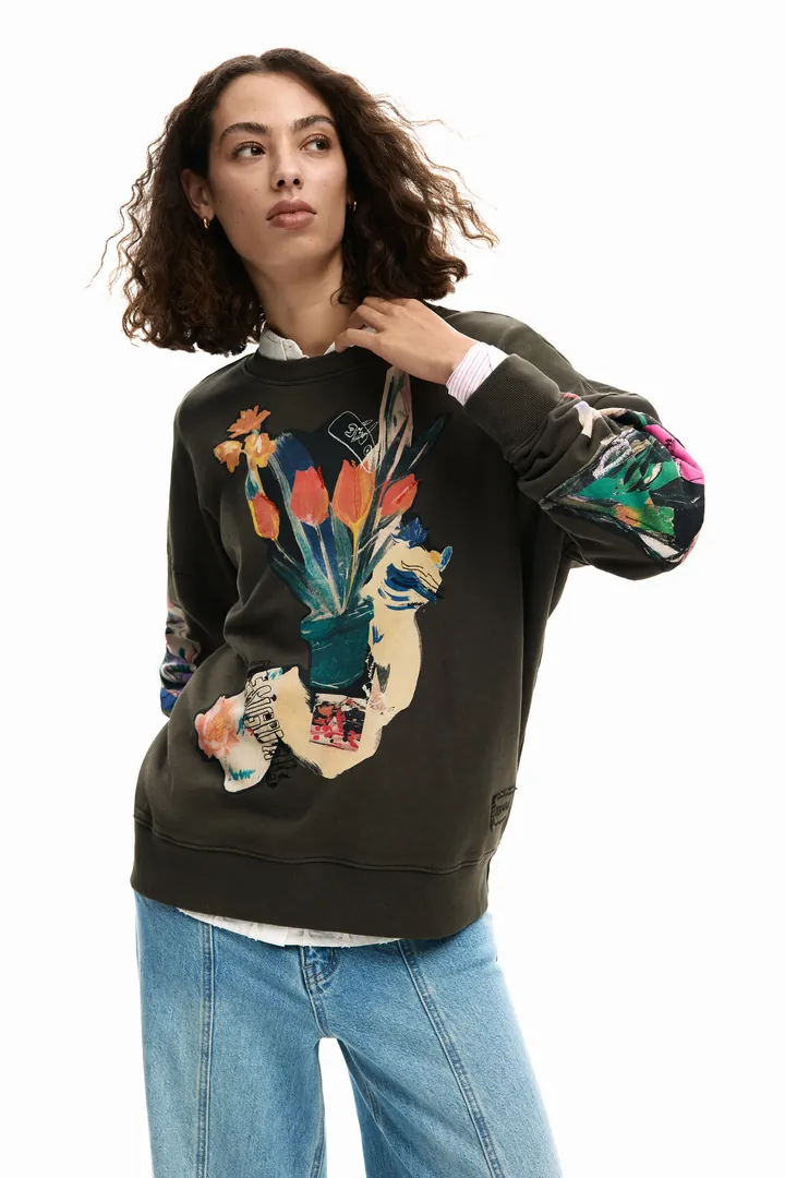 Desigual, Sudadera collage dibujo, Mujer, Algodon, Negro, L