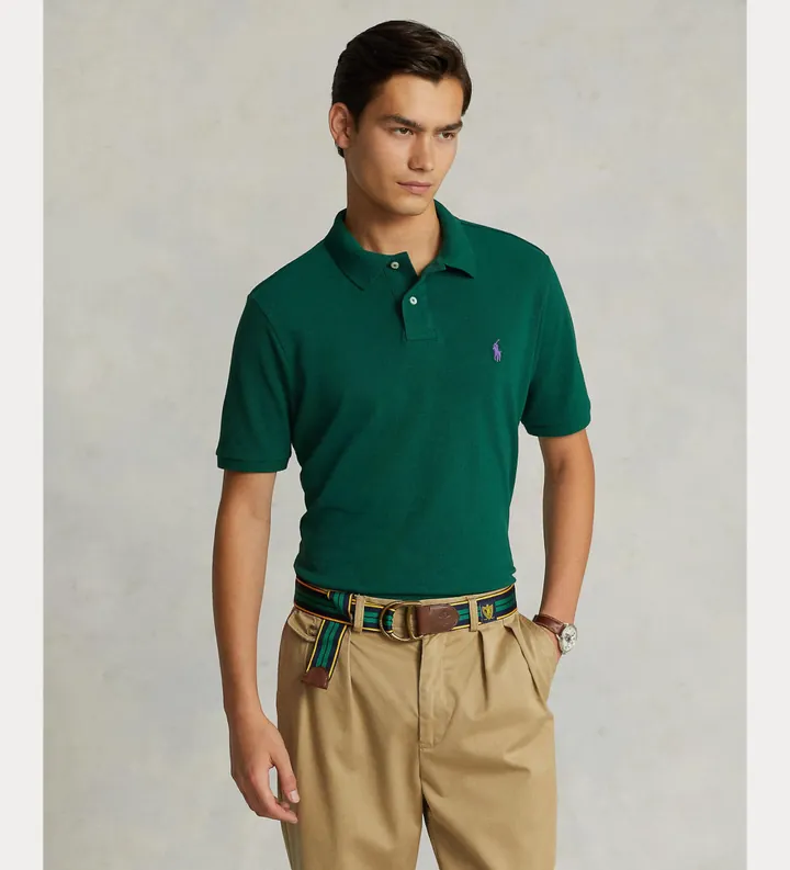 Polo Ralph Lauren para hombre. 710782592016 El icónico polo de piqué Custom Slim Fit verde (L), Casual, Algodón, Manga corta