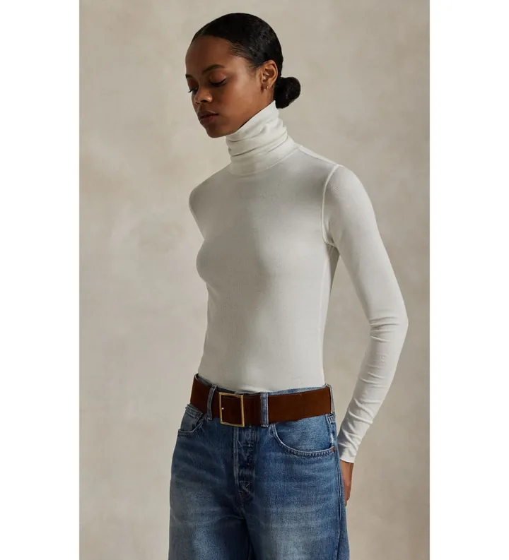 Polo Ralph Lauren para mujer. 211976982001 Jersey elástico de cuello vuelto blanco (M), Casual, Manga larga, Lyocell