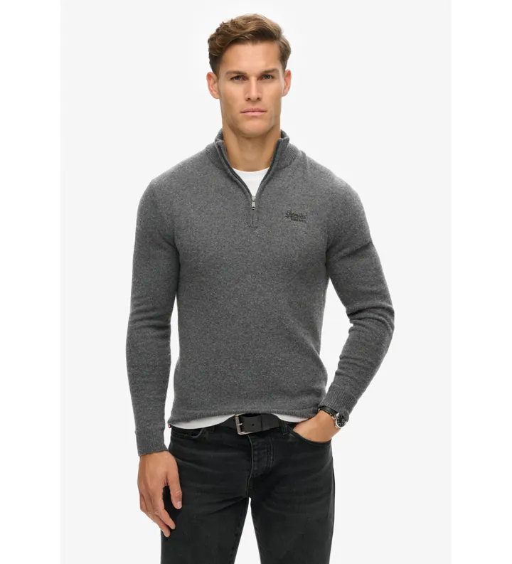 Superdry para hombre. M6110640A Jersey de punto con media cremallera y bordado Essential gris (L), Casual, Lana