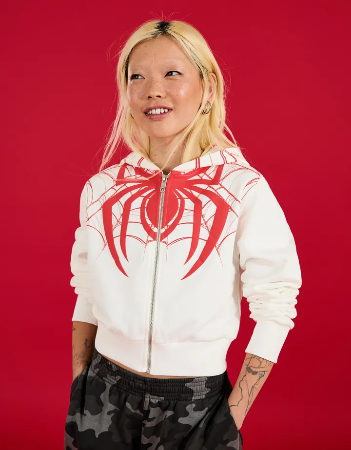 Bershka Sudadera Capucha Print Spider-Man Mujer L Blanco Roto