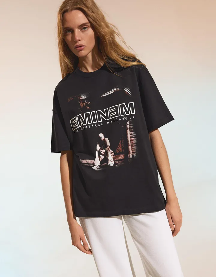 Bershka Camiseta Manga Corta Oversize Eminem Mujer L Gris