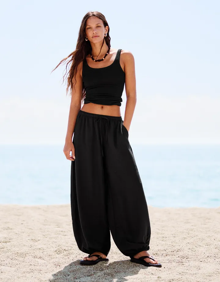 Bershka Pantalón Bombacho Rústico Mujer L Negro