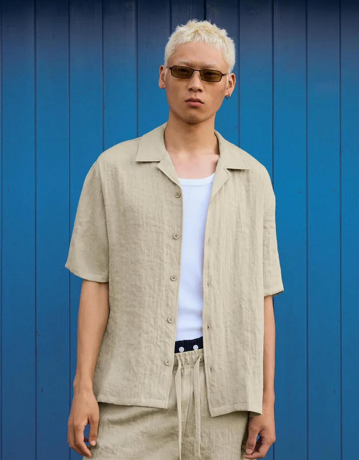 Bershka Camisa Manga Corta Rústica Hombre L Verde