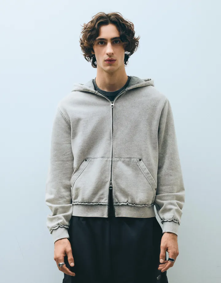Bershka Sudadera Capucha Cremallera Tachas Hombre L Gris