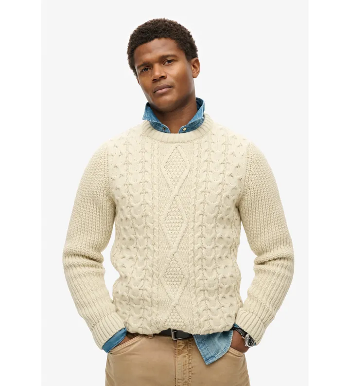 Superdry para hombre. M6110638A Jersey de punto trenzado Jacob blanco (L), Casual, Acrílico, Sostenible