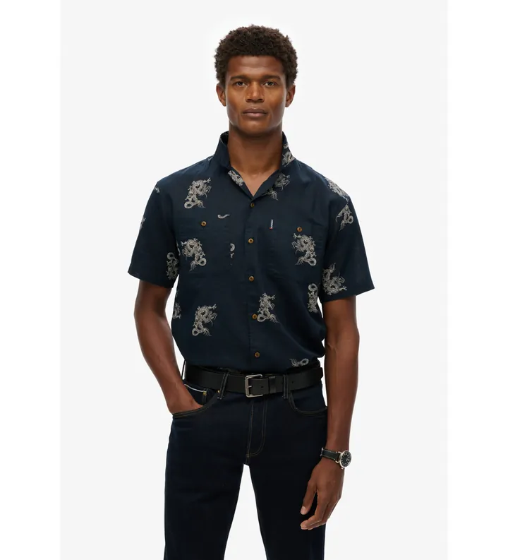 Superdry para hombre. M4010793A Camisa de playa de manga corta marino (L), Casual, Algodón