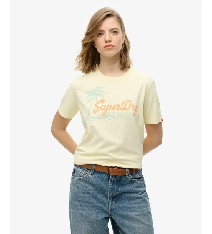Superdry para mujer. W1011614A Camiseta relajada banco crema (L), Blanco, Casual, Algodón, Manga corta