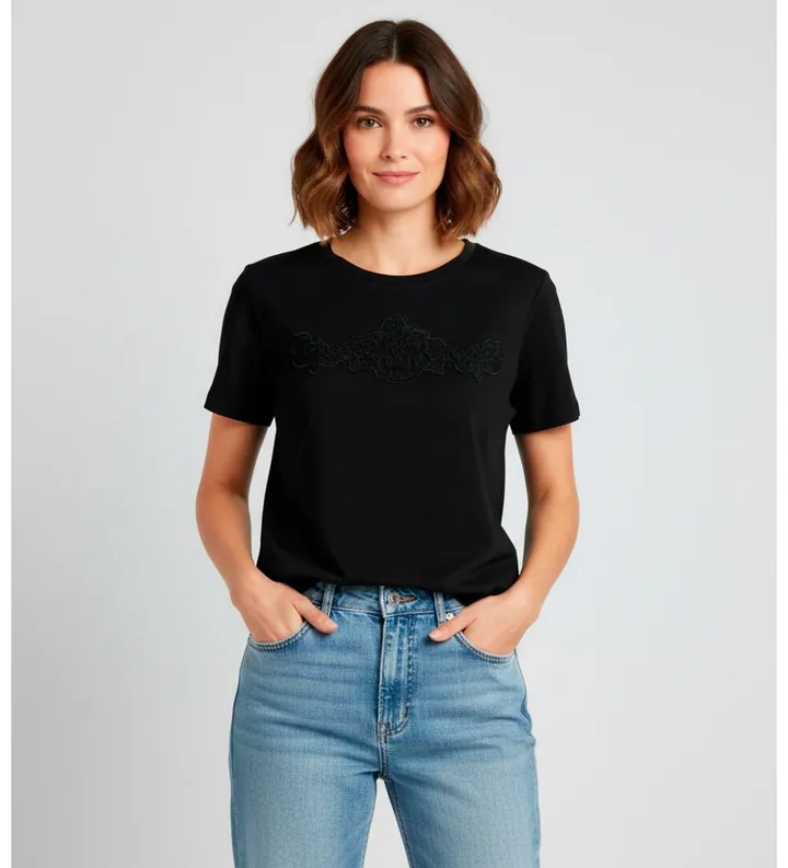 Twinset para mujer. 252TP2052 Camiseta floral bordada negro (L), Casual, Algodón, Manga corta