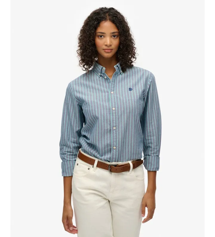 Superdry para mujer. W4010565A Camisa Oxford Slim azul (L), Casual, Algodón, Manga larga