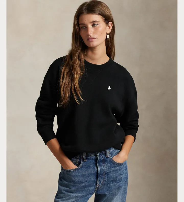 Polo Ralph Lauren para mujer. 211971697003 Sudadera de felpa con cuello redondo negro (L), Casual, Algodón