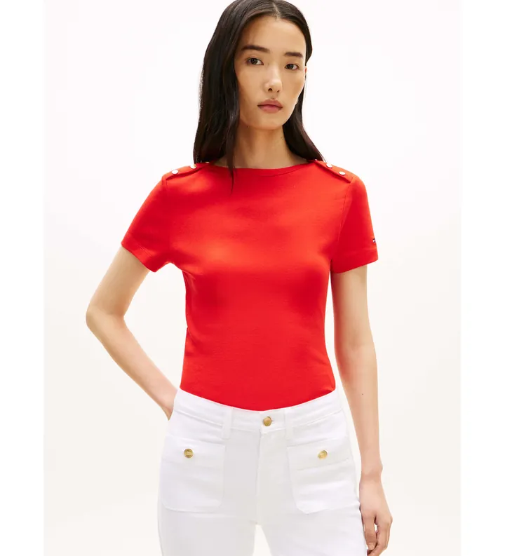 Tommy Hilfiger para mujer. WW0WW49250 Camiseta slim de cuello barco con botones rojo (M), Casual, Algodón, Manga corta