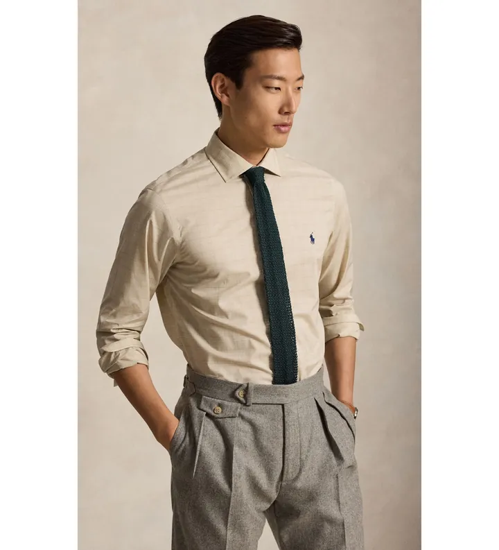 Polo Ralph Lauren para hombre. 712B22541001 Camisa de popelina con cuadros Glen beige (38), Casual, Algodón, Clásico, Manga larga