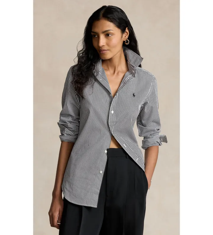 Polo Ralph Lauren para mujer. 211891379002 Camisa Slim Fit con rayas negro, blanco (30), Casual, Algodón, Manga larga