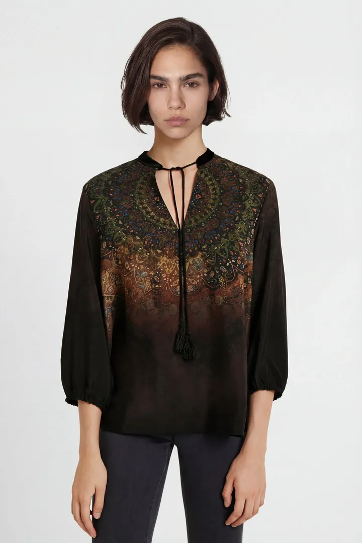 Desigual, Blusa estampada manga 3/4, Viscosa, Negro, S