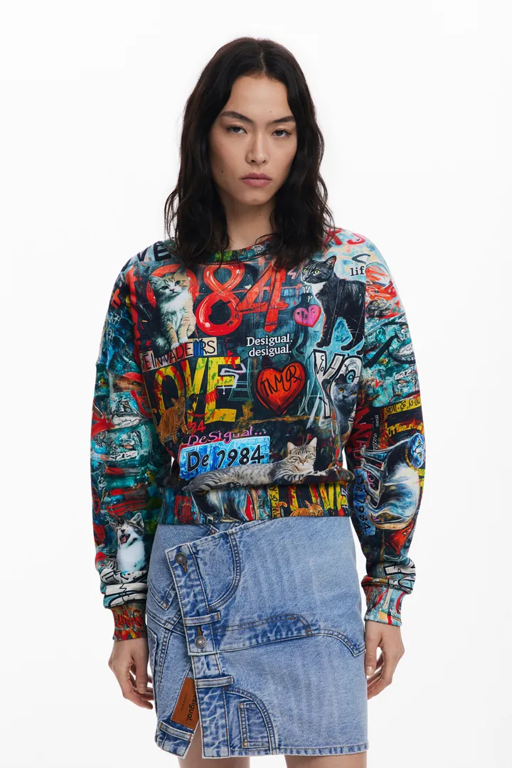 Desigual, Sudadera grafittis, Mujer, Algodon, Negro, L