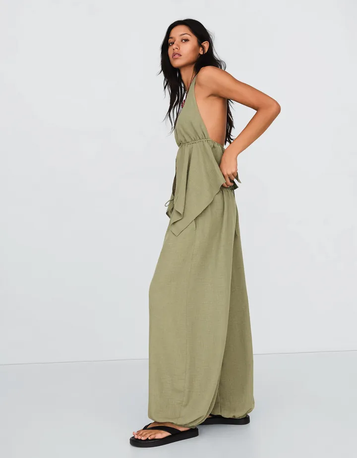 Bershka Pantalón Bombacho Rústico Mujer L Kaki