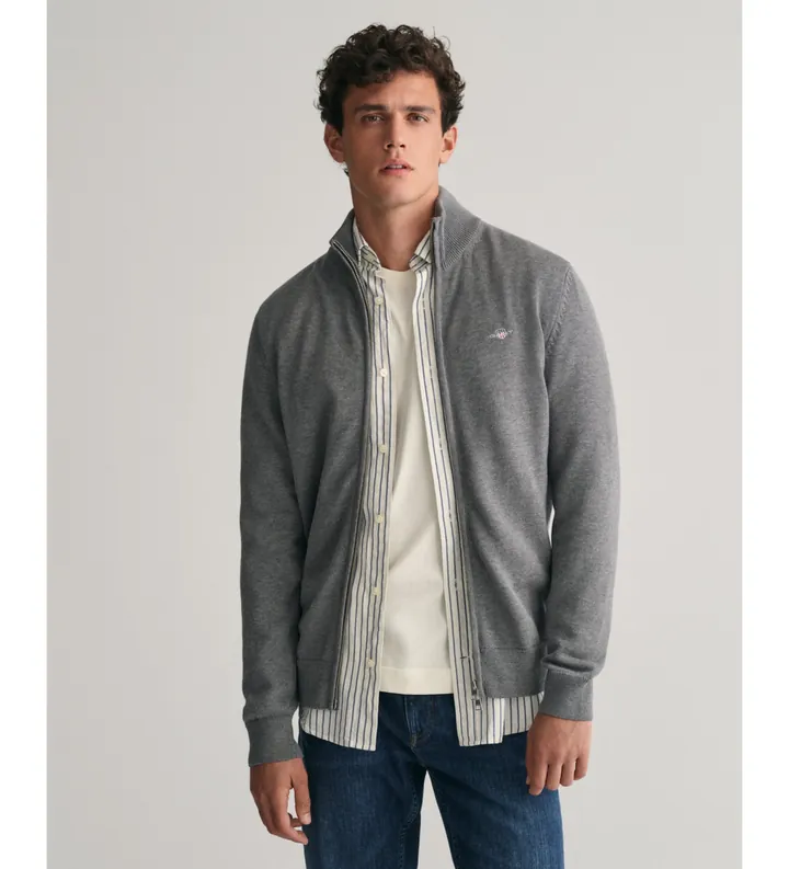 Gant para hombre. 8030164 Cárdigan casual de algodón con cremallera gris (L), Manga larga