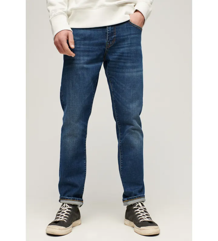 Superdry para hombre. M7010888A Jeans entallados azul (28/32), Casual, Algodón, Denim, Algodón Orgánico, Sostenible