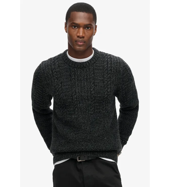 Superdry para hombre. M6110638A Jersey de punto trenzado Jacob gris oscuro (L), Casual, Acrílico, Sostenible