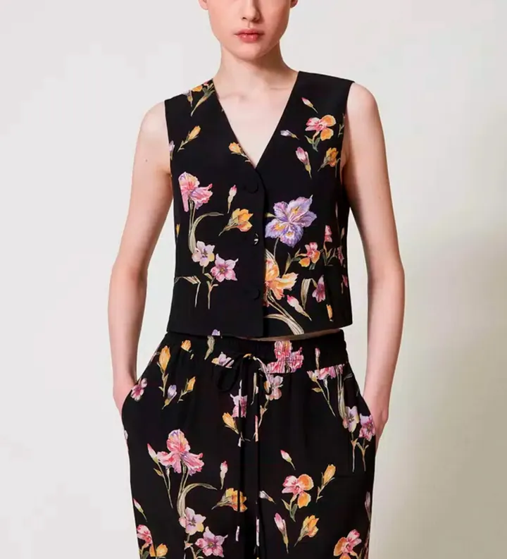 Twinset para mujer. 251TP2777 Chaleco de crepé de China con flores negro (44), Casual, Viscosa