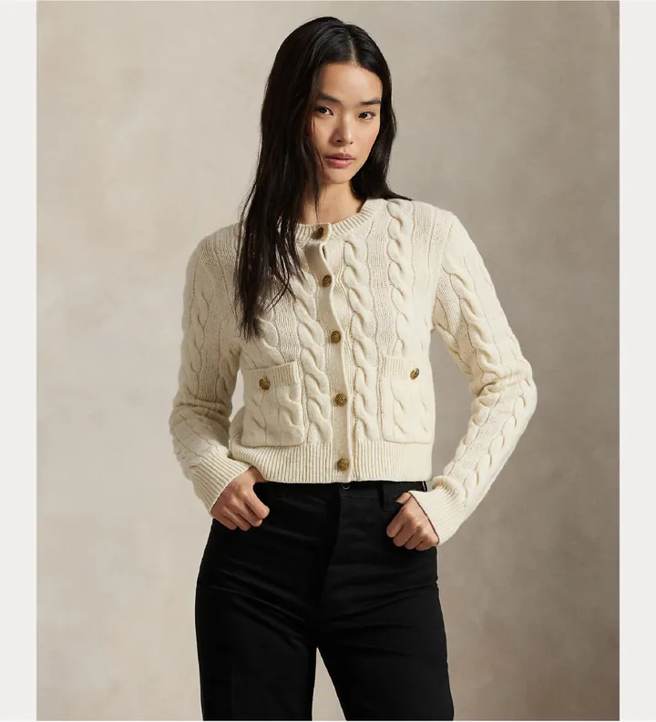 Polo Ralph Lauren para mujer. 211978312500 Cárdigan de lana trenzada y cachemira beige (M), Casual