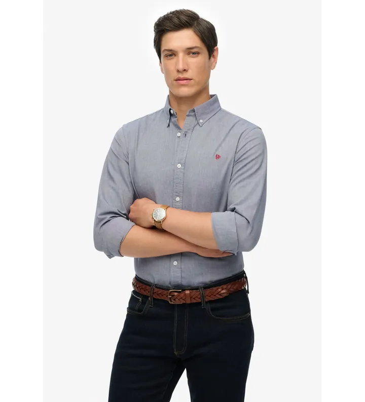 Superdry para hombre. M4011037A Camia Classic Oxford azul (L), Casual, Algodón, Clásico, Manga larga