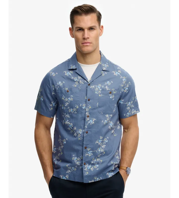 Superdry para hombre. M4011130A Camisa Printed azul (L), Casual, Algodón, Manga corta