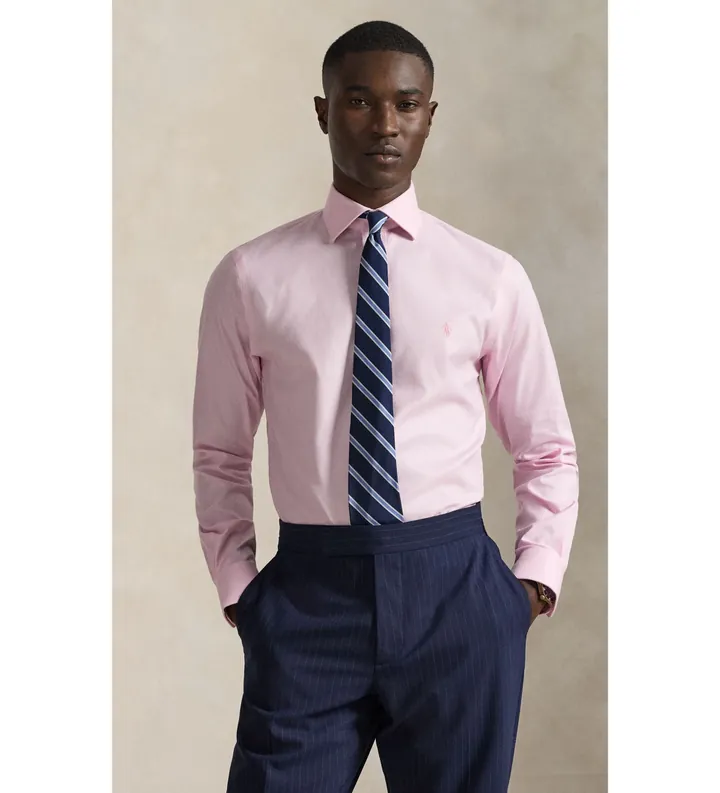Polo Ralph Lauren para hombre. 712B15310003 Camisa Custom Fit con textura rosa (37), Casual, Algodón, Clásico, Manga larga