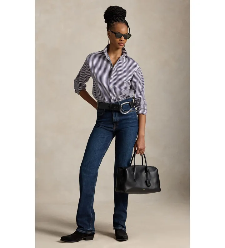 Polo Ralph Lauren para mujer. 211910743517 Camisa de algodón con rayas Relaxed Fit lila (L), Casual, Manga larga
