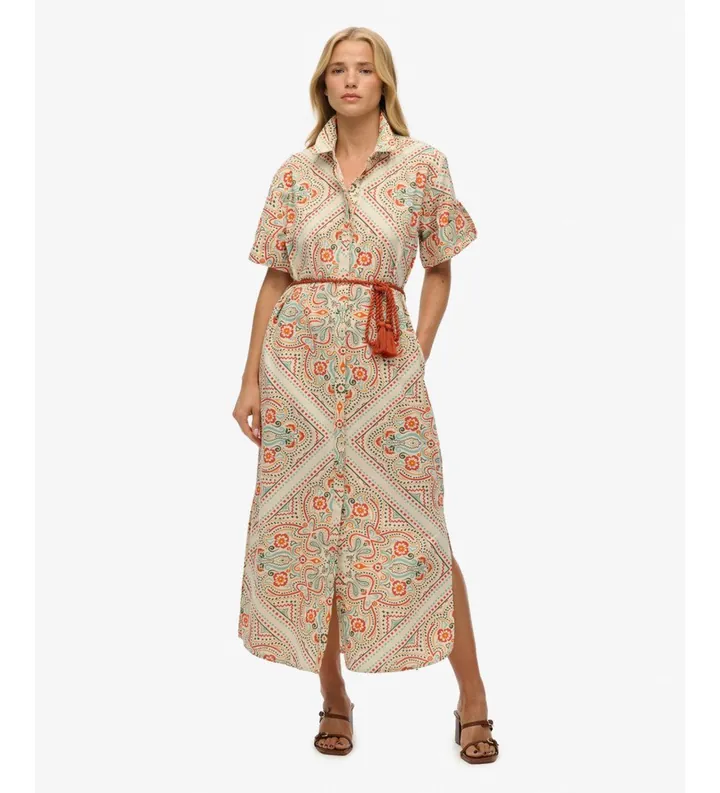 Superdry para mujer. W8011893A Vestido Matera beige (M), Casual, Algodón, Manga corta