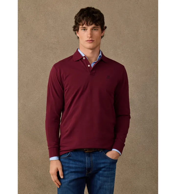 Hackett London para hombre. HM5500058 Polo de manga larga Heritage H Small Logo burdeos (L), Casual, Algodón, Clásico