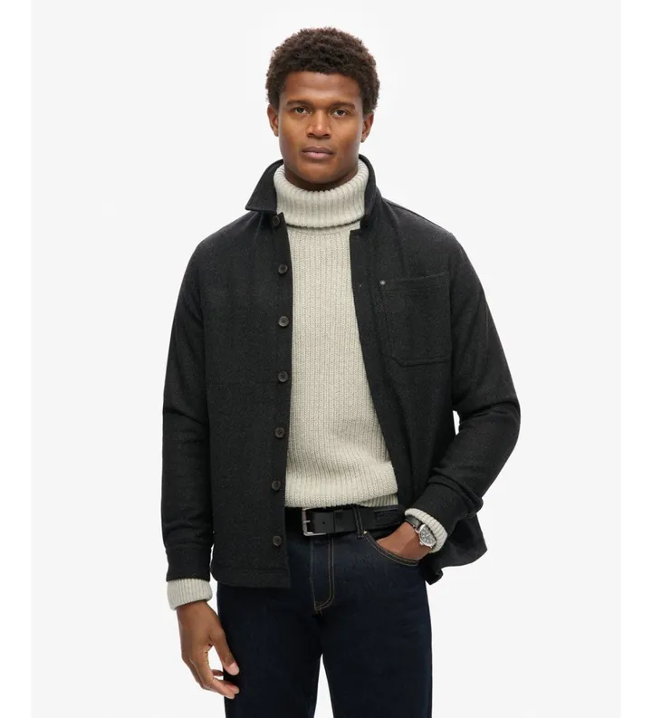 Superdry para hombre. M4010862A Sobrecamisa Merchant Wool negro (L), Casual, Lana, Manga larga