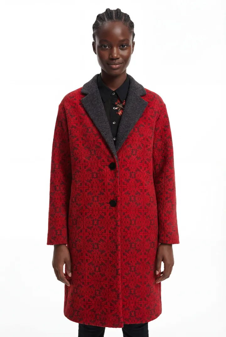 Desigual, Abrigo largo tricot cenefas, Rojo, L