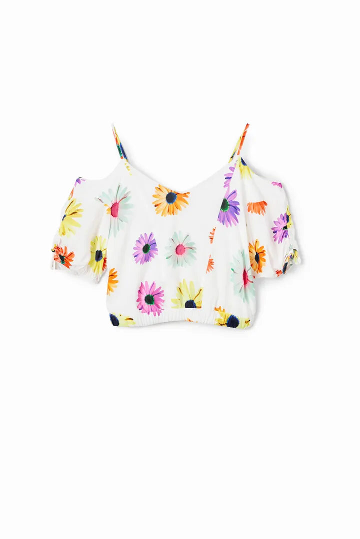 Desigual, Blusa corta fruncido flores, Viscosa, Blanco, L