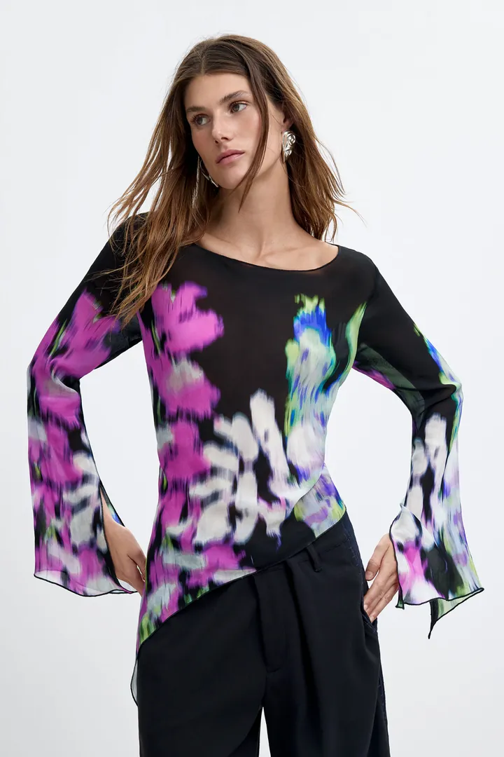Desigual, Blusa asimétrica estampada M. C. Lacroix, Mujer, Viscosa, Negro, L