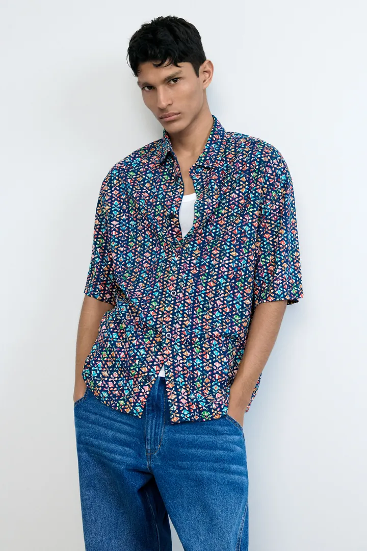 Desigual, Camisa manga corta bordados étnicos, Hombre, Azul, L