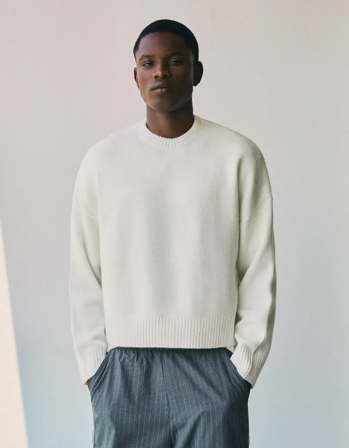 Bershka Jersey Cuello Redondo Boxy Hombre L Blanco