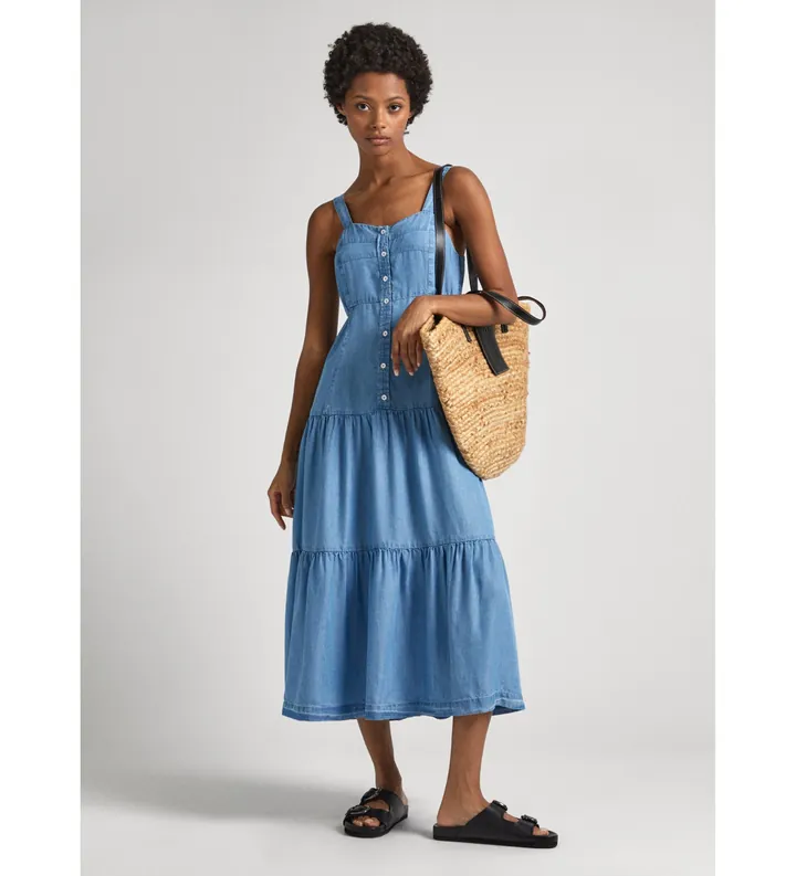 Pepe Jeans para mujer. PL953483 Vestido Edith azul (M), Casual, Sin mangas / Tirantes, Lyocell, Sostenible