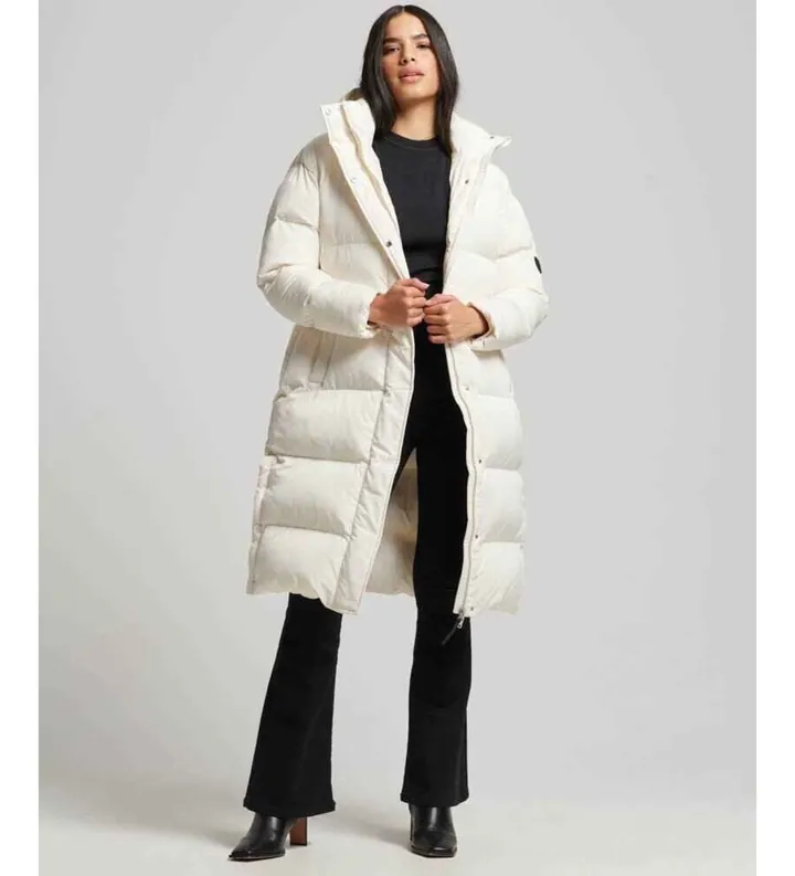 Superdry para mujer. W5011642A Abrigo largo acolchado con capucha blanco (L), Casual, Poliéster