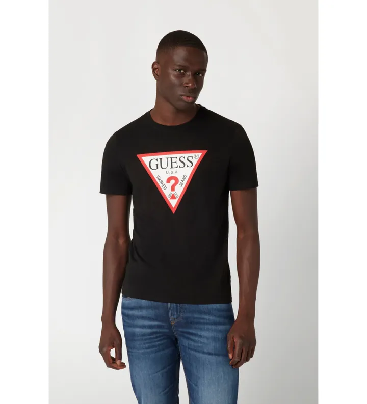 Guess para hombre. M2YI71I3Z14 Camiseta logotipo triángulo negro (L), Casual, Algodón, Manga corta
