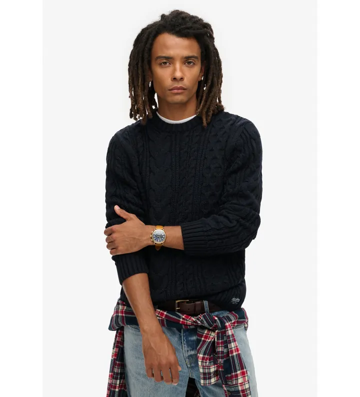 Superdry para hombre. M6110638A Jersey de punto trenzado Jacob marino (L), Casual, Acrílico, Sostenible