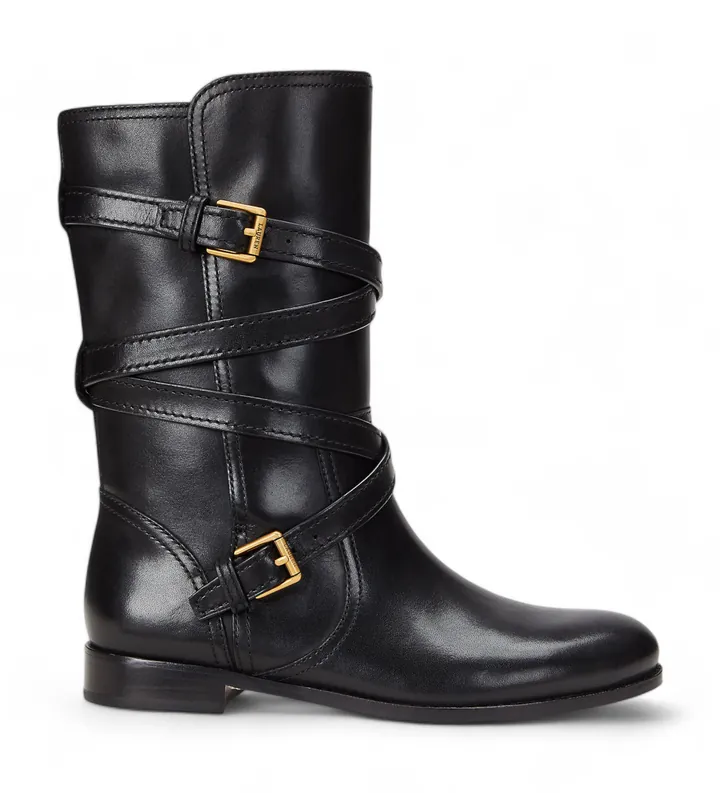Lauren Ralph Lauren para mujer. 802945680001 Botas de Piel Briannah negro (36), Plano, 1 a 3cm, Hebilla, Casual